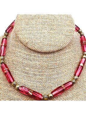 Vintage Retro Pink Glass Tube Bead Necklace Choker Vibrant Summer Barbie Classic